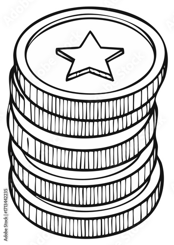 Hand drawn stack of coins with a star symbol on the top coin symbolizing luck or treasure