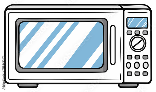 Modern white microwave oven illustration featuring a clear door and digital control panel