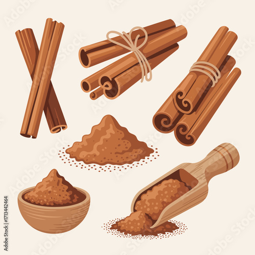 Cinnamon sticks and powder in a collection of culinary ingredients