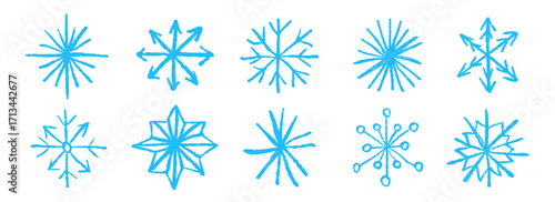 Blue doodle snowflakes collection. Crayon hand drawn snow flake set. Craft sparkle and crystal sketch elements for Christmas, New Year party, winter holiday decoration. Vector pastel chalk shape pack
