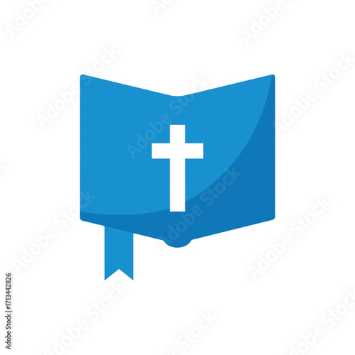 Open blue book with white cross and bookmark symbol