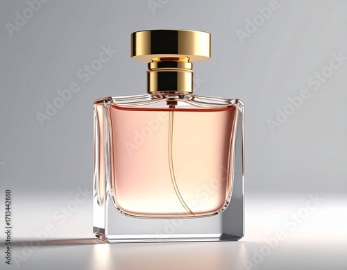 Elegant perfume bottle with a golden cap, filled with a soft pink liquid, set against a neutral background.