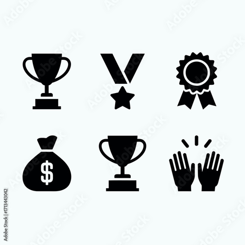 Collection of icons representing success achievement awards and wealth