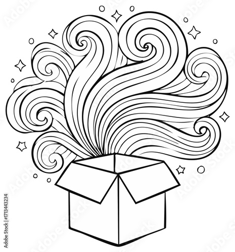 Whimsical open box revealing magical swirling lines and sparkling stars intricate coloring page