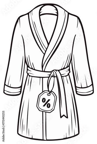 Robe with a sale tag, outline drawing of clothes, bathroom accessories, comfortable wear with a belt