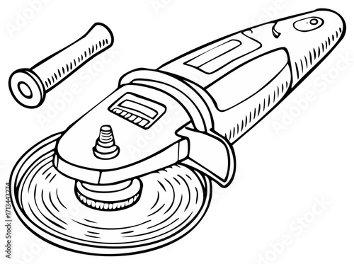 Clean line art drawing of an angle grinder with its auxiliary handle isolated on white