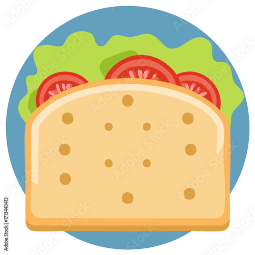 Illustration of a delicious sandwich with lettuce and tomato slices inside a blue circle