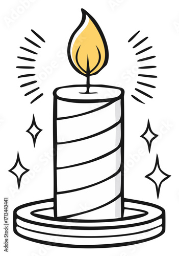 Hand drawn illustration of a lit white candle with sparkling light effects
