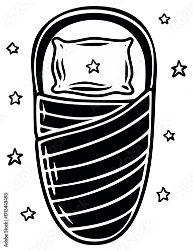 Black and white outline illustration of a baby swaddle with starry pillow and sleeping time stars