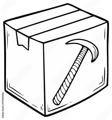 Cartoon outline of carton box with pickaxe image, vector illustration in black and white