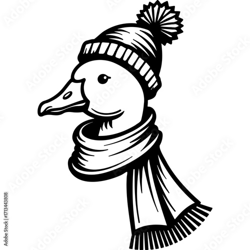 Portrait of young gosling dressed in warm scarf and hat, winter clothes. Engraving minimalistic vector in black ink drawing on transparent background
