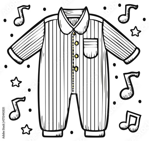 Illustrative Striped Pajamas with Music Notes and Stars for Sleep Time