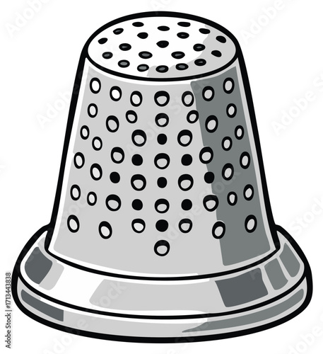 Vector line art illustration of a vintage metal thimble for sewing and needlecraft