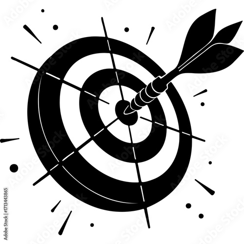 Sketchy emblem of dart stuck in a board target. Engraving minimalistic vector in black ink drawing on transparent background