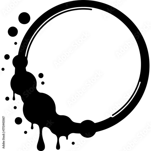 Sketchy emblem of a black circle with spots and blots. Engraving minimalistic vector in black ink drawing on transparent background