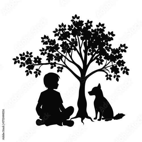 Silhouette of a boy and dog sitting together under a tree