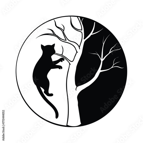 Silhouette of a cat climbing a tree in a yin yang circle