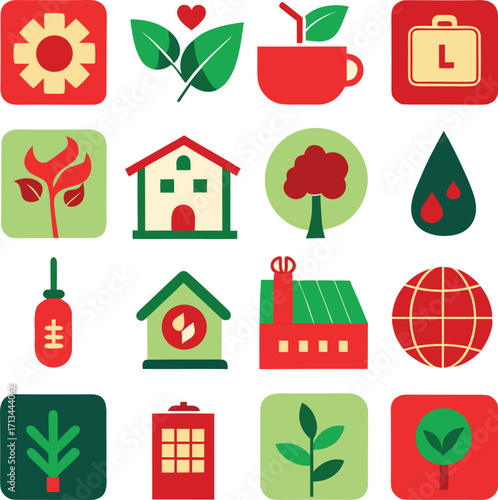 Collection of 16 stylized eco-friendly icons representing sustainability nature health and technology concepts