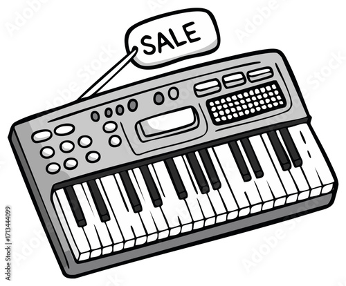 Cartoon-style electronic keyboard with sale tag.