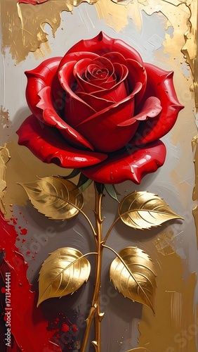 Red rose, gold accents