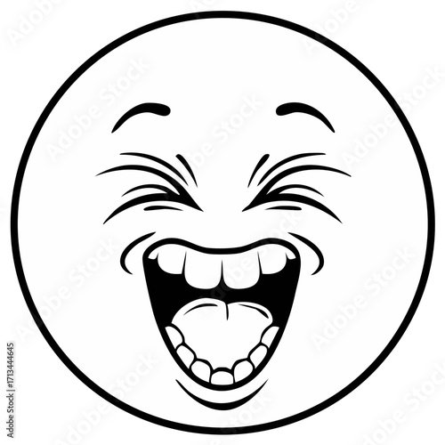 Black and white line art illustration of a loudly laughing emoji face expressing joy and humor
