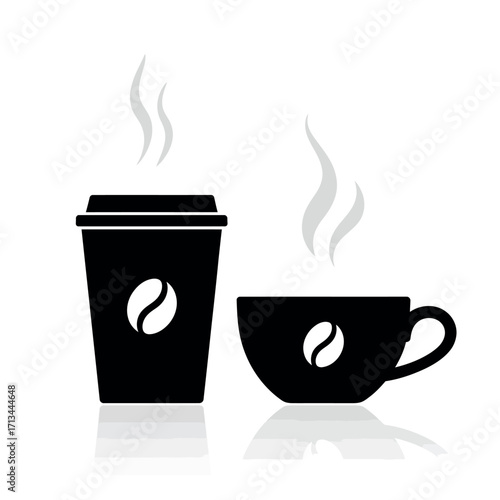 Two black coffee cups with steam and coffee bean logo