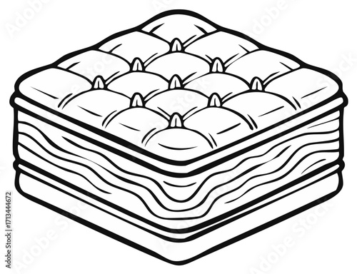 Black and white illustration of a quilted mattress with tufted surface and layered sides