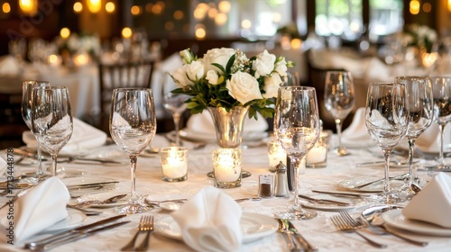 Reception table set with white roses, glowing candles, elegant glasses