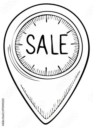 Isolated Hand-drawn Pointer with Clock Inside, Lettering Sale, White Background. Outline Drawing of Time-sensitive Discount.
