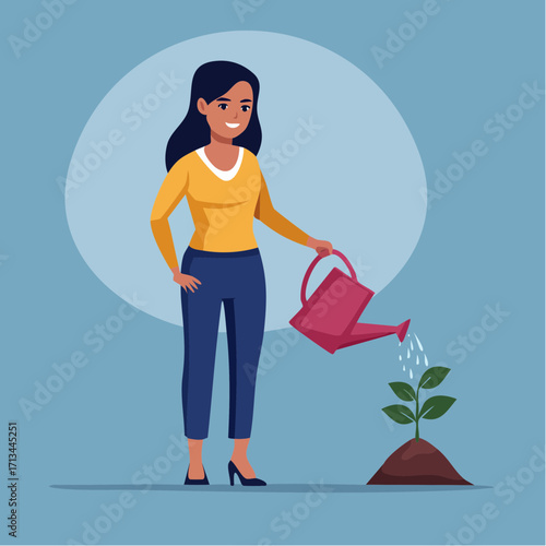 Female character nurturing a young plant with a watering can, representing new beginnings and sustainable growth in a modern flat design vector graphic