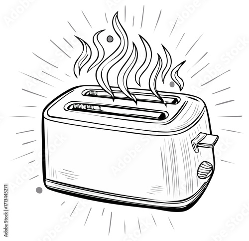Cartoon Toaster with Burning Toast and Smoke in Black and White Outlines