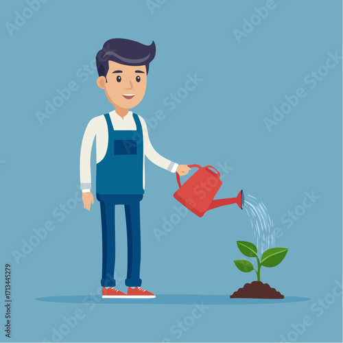 Person tending to plant with watering can illustration on a blue background