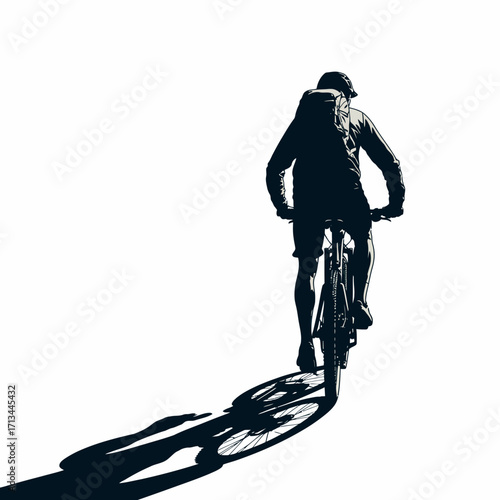 Silhouette of a person riding a bicycle casting a long shadow
