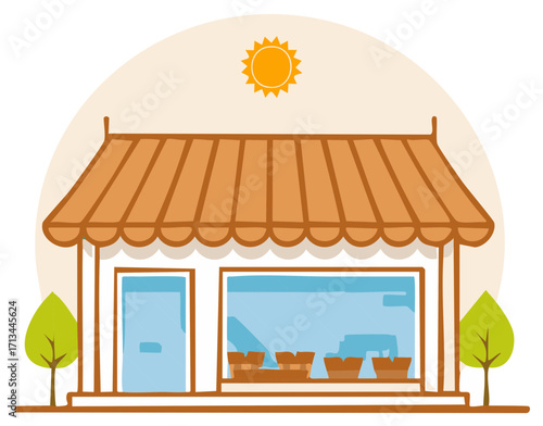 Sunny day exterior of a charming small store with plants and awning