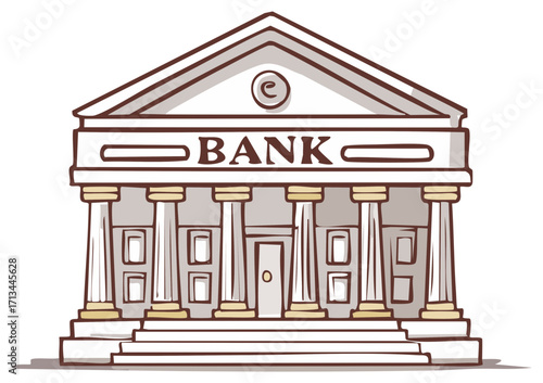 Cartoon Bank Building with Columns Financial Institution Architecture