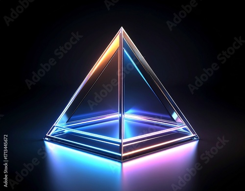 A transparent glass pyramid illuminated by glowing blue and purple neon lights on a dark, reflective surface.
