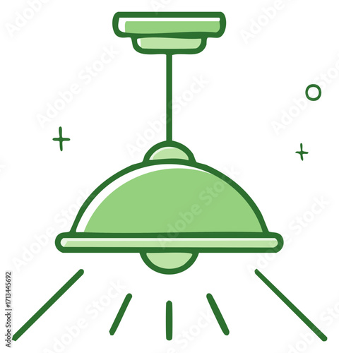 Simple green hanging pendant light emitting bright rays of illumination indoors