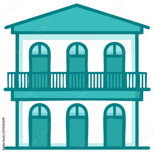 Two Story Colonial Style Building With Arched Windows And Balcony