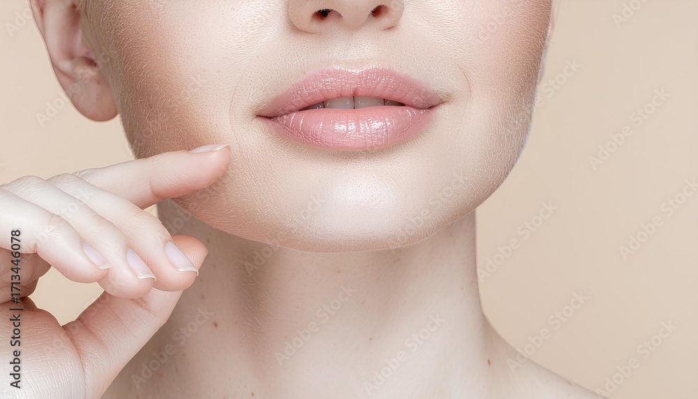 Fototapeta premium Close-up of natural lips with soft skin, the concept of women's skincare beauty.