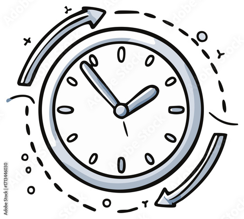 Clock with arrows, representing time management and concepts of duration, in sketch style.