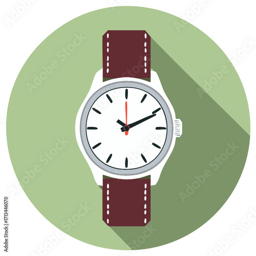 Classic wristwatch with a leather band and analog dial, vector illustration