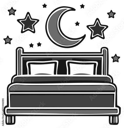 Bed and bedding under moon and stars in monochrome bedroom illustration style, sleeping and night concept