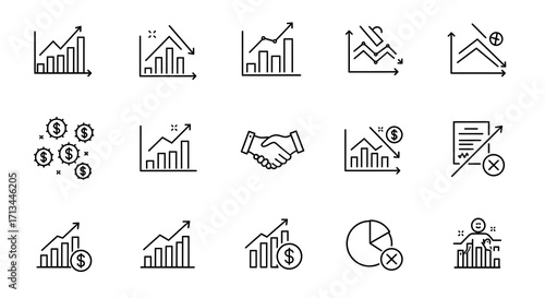 Minimalist line icon set illustrating business analytics, financial growth, market trends, and data visualization concepts for web and app design