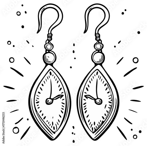 Hand-drawn doodle of two unique earrings featuring clock faces, illustrating fashion accessories and time concepts