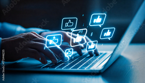 Holographic Social Media Marketing Concept with Neon Blue Lines