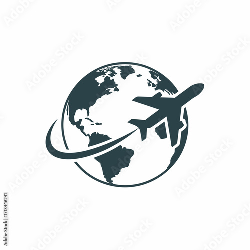Airplane flying around the globe symbolizing travel and transportation