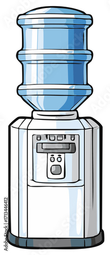 Cartoon illustration of a water cooler with a blue water jug on top for refreshment