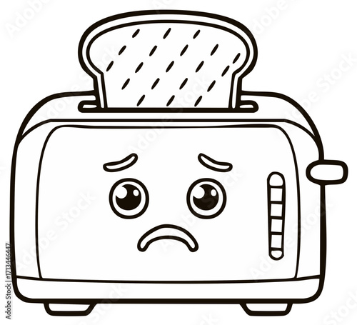 Sad toaster with bread illustration. Outline icon. Vector breakfast appliance cartoon character with face.