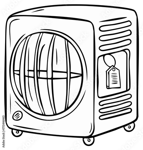 Portable evaporative cooler with ventilation and price tag in black and white cartoon style