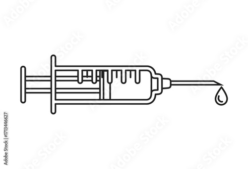 Black and white line drawing of a syringe with a drop of liquid.